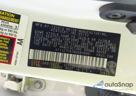 2022 Toyota Avalon Xle from USA, damaged, VIN 4T1JZ1FB1NU081000